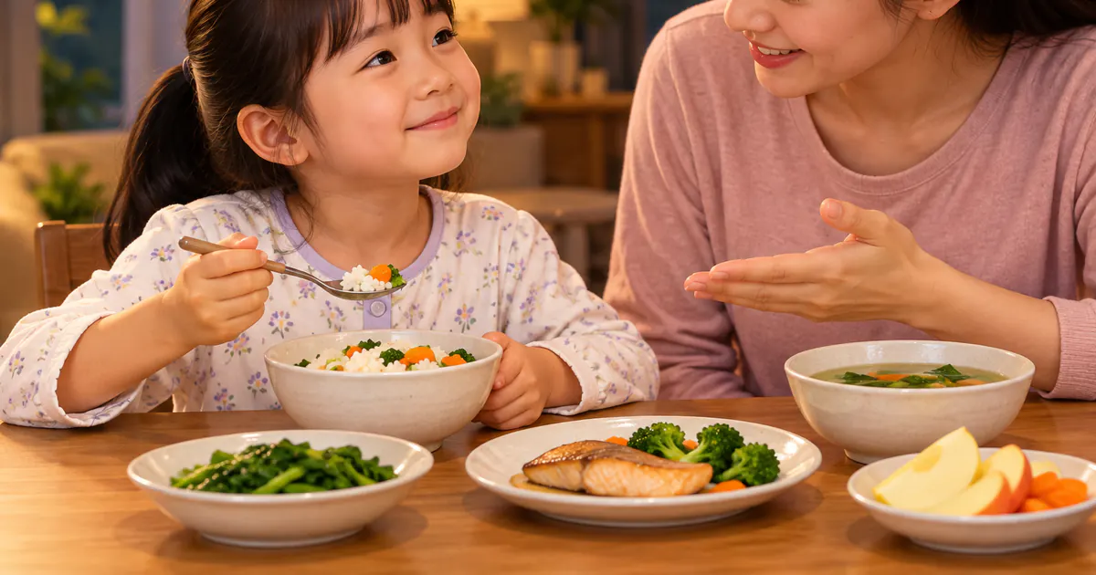 Trẻ ăn tối chậm rãi với khẩu phần vừa phải để hạn chế đầy hơi
