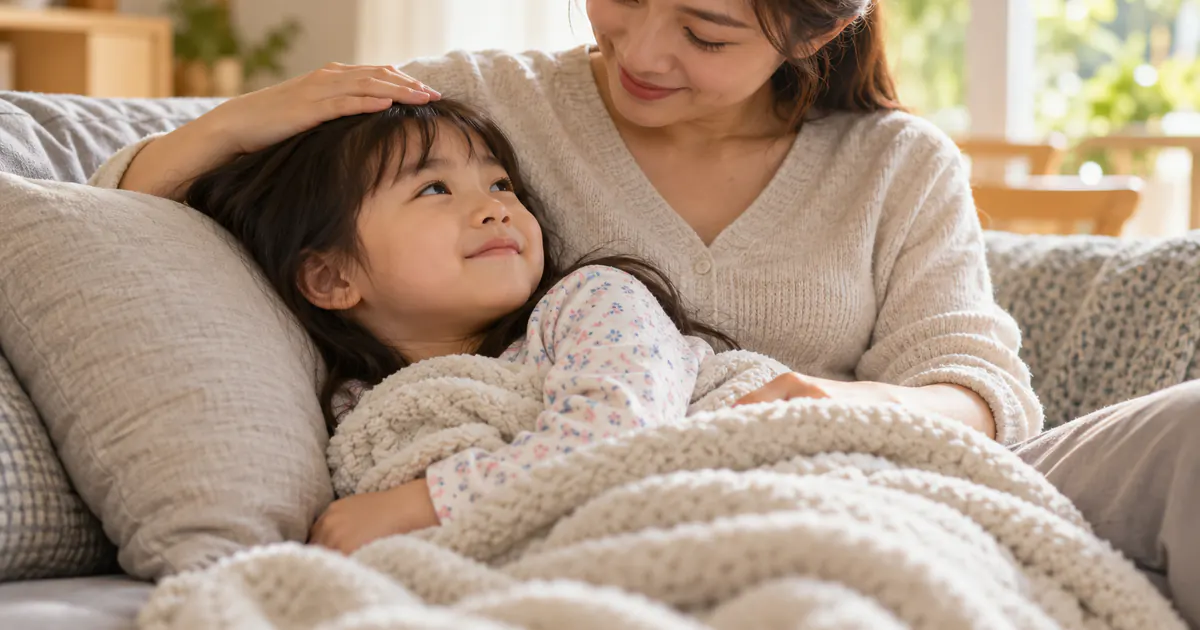 Trẻ nghỉ ngơi bên cha mẹ đang nhẹ nhàng chăm sóc