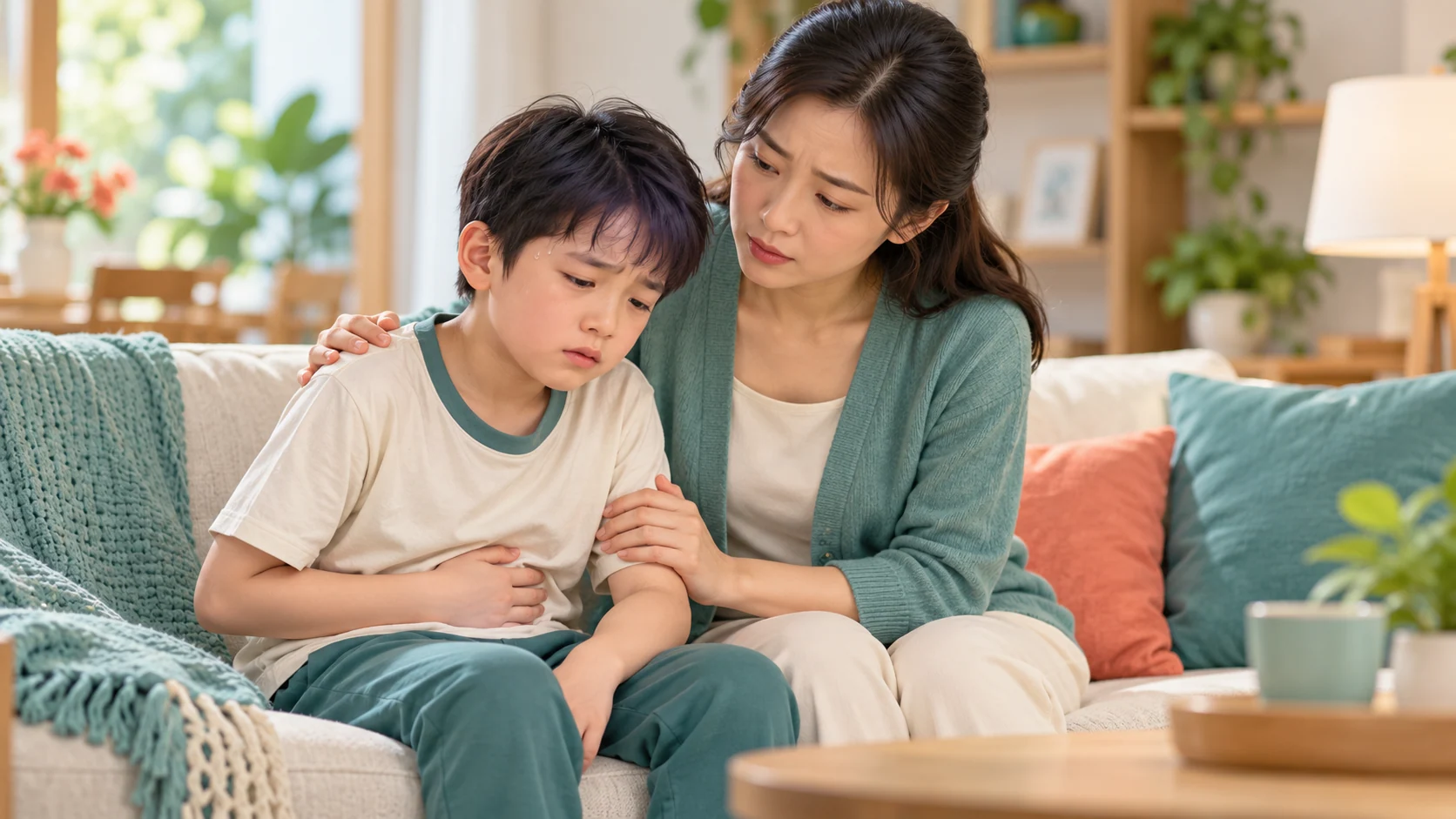Mẹ trấn an trẻ đau bụng kèm xanh xao và vã mồ hôi