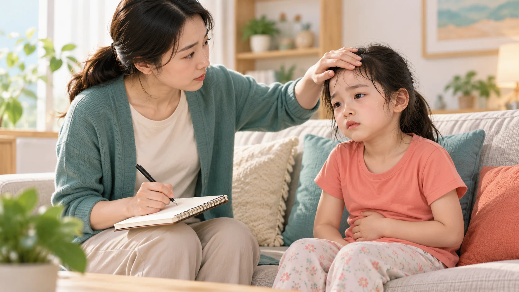 Cha mẹ quan sát mức tỉnh táo và nhịp thở của trẻ đau bụng
