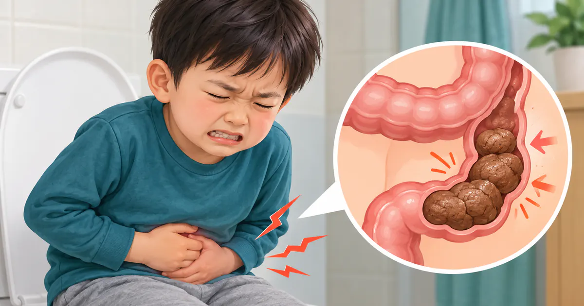 Minh họa trẻ ôm bụng do phân cứng và táo bón