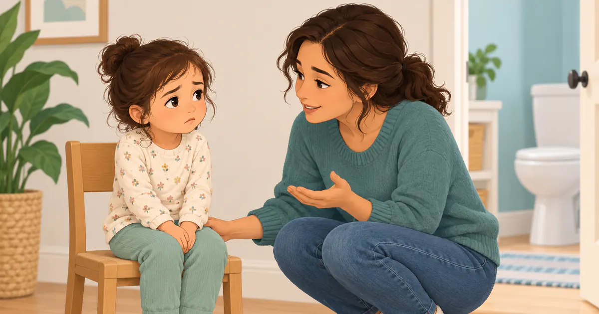 Trẻ bắt chéo chân nhịn đi ngoài và được cha mẹ trấn an