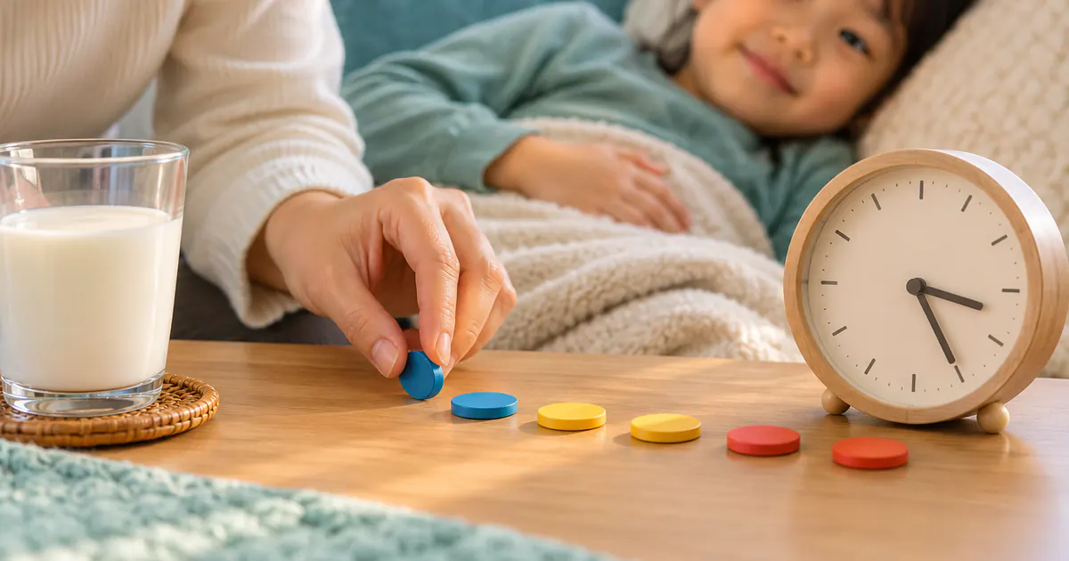 Minh họa cha mẹ theo dõi thời điểm và biểu hiện đau bụng của trẻ sau cữ sữa
