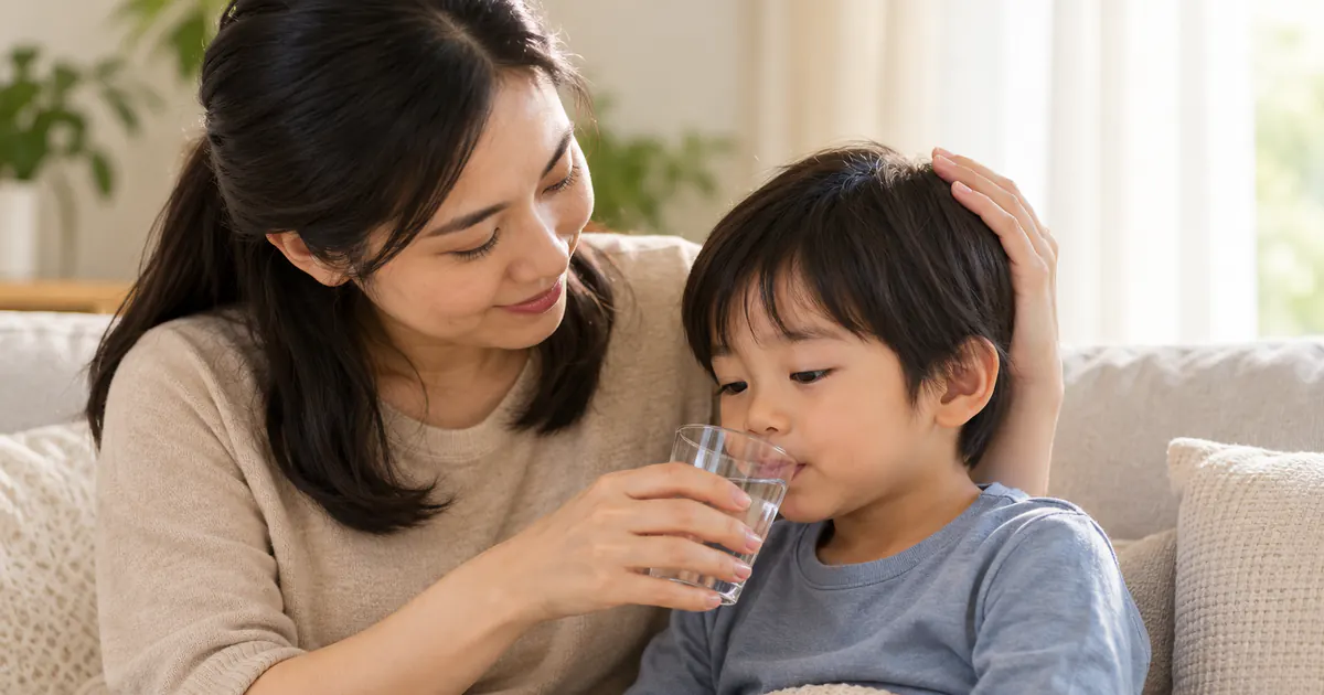 Cha mẹ cho trẻ nghỉ và uống nước phù hợp khi đau bụng nhẹ sau cữ sữa