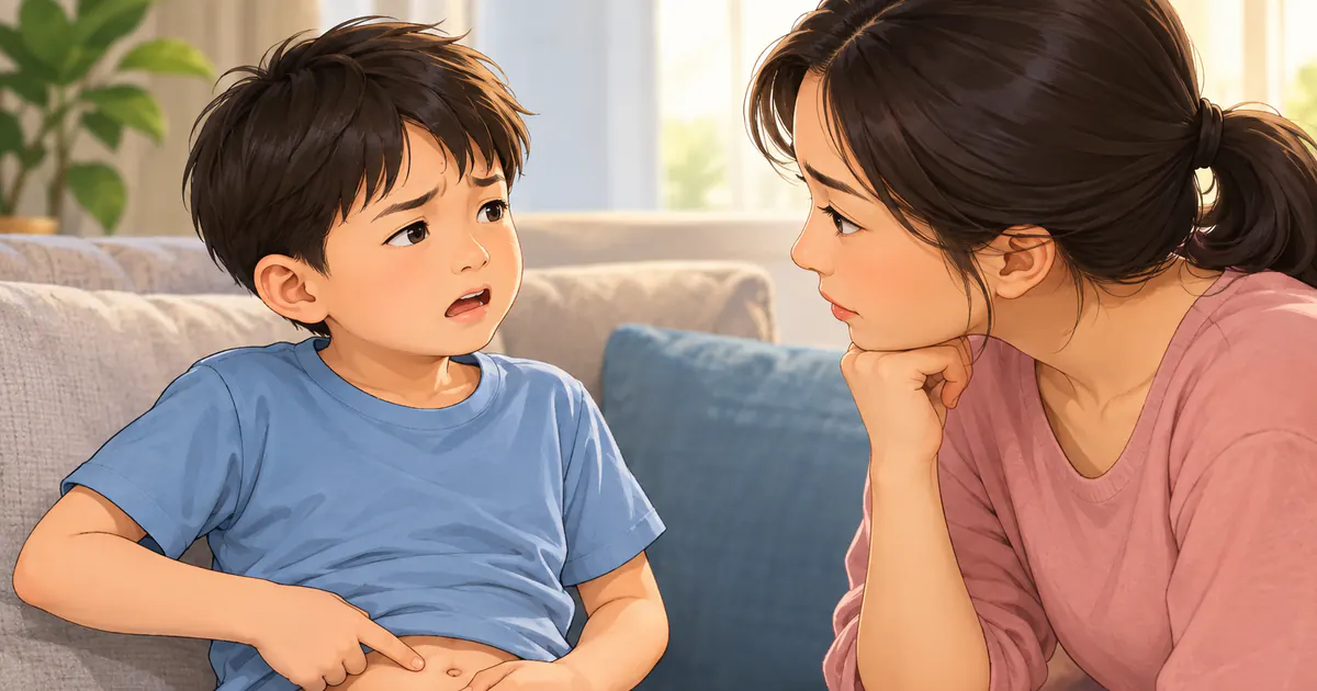Trẻ chỉ vị trí đau quanh rốn để cha mẹ lắng nghe và ghi nhận