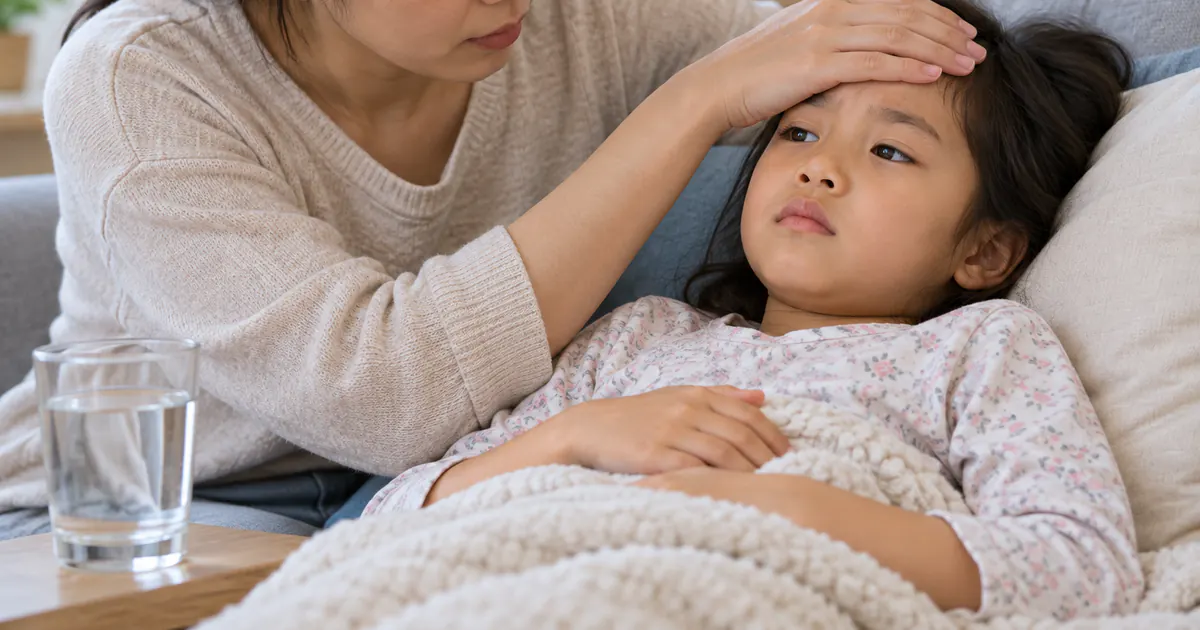 Cha mẹ theo dõi sốt và khả năng uống nước khi trẻ đau bụng