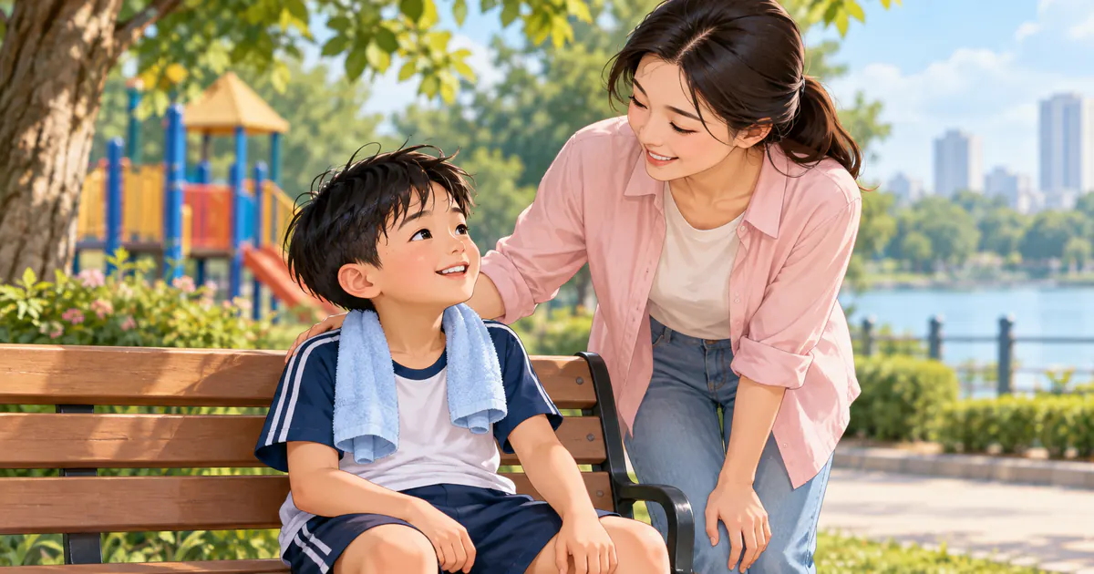 Trẻ nghỉ ngơi và được cha mẹ quan sát sau khi đau bụng vì chạy nhảy
