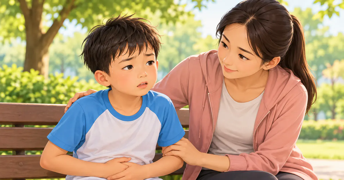 Trẻ ngồi nghỉ và thở chậm khi đau bụng thoáng qua sau vận động