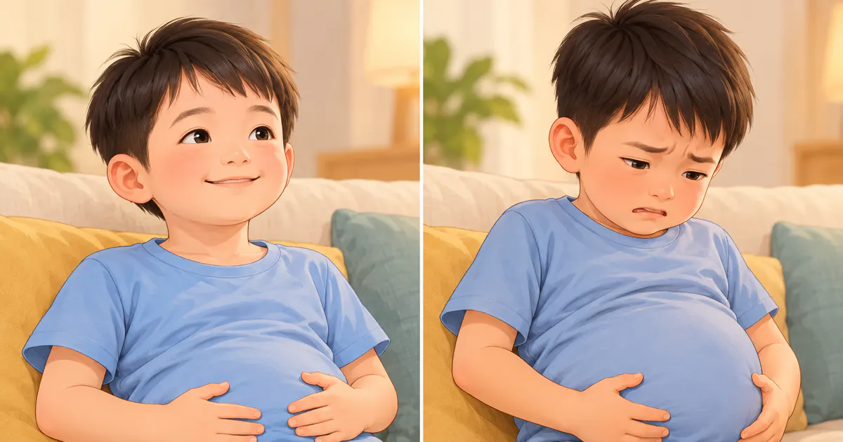 Minh họa phân biệt đầy hơi nhẹ với bụng chướng bất thường ở trẻ