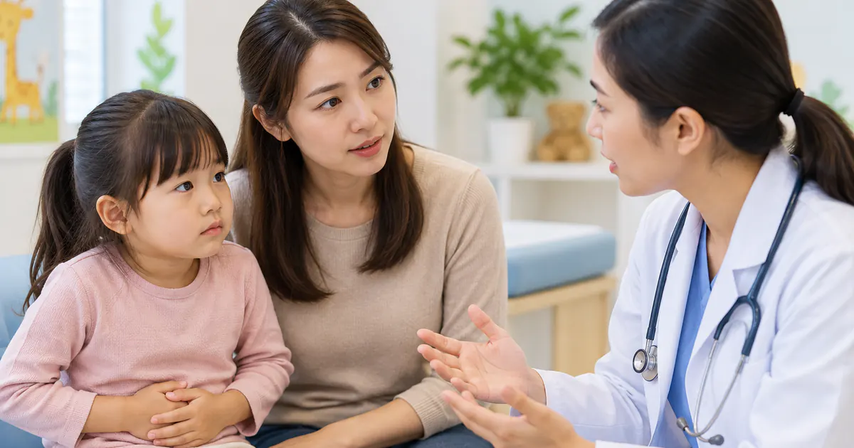 Cha mẹ trao đổi triệu chứng bụng căng của trẻ với bác sĩ