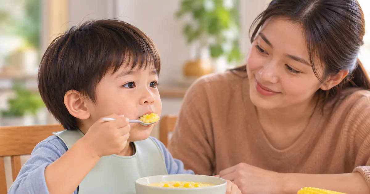 Trẻ ngồi thẳng và nhai chậm món ngô mềm dưới sự quan sát của cha mẹ
