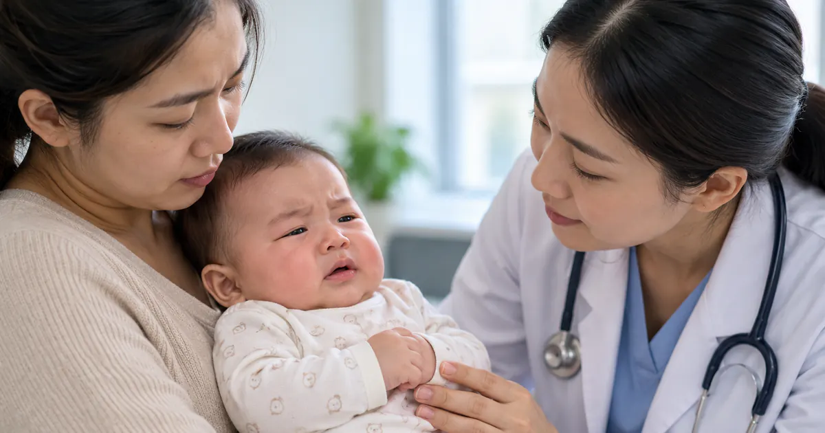 Bác sĩ thăm khám trẻ sơ sinh rặn đi ngoài kèm dấu hiệu bất thường