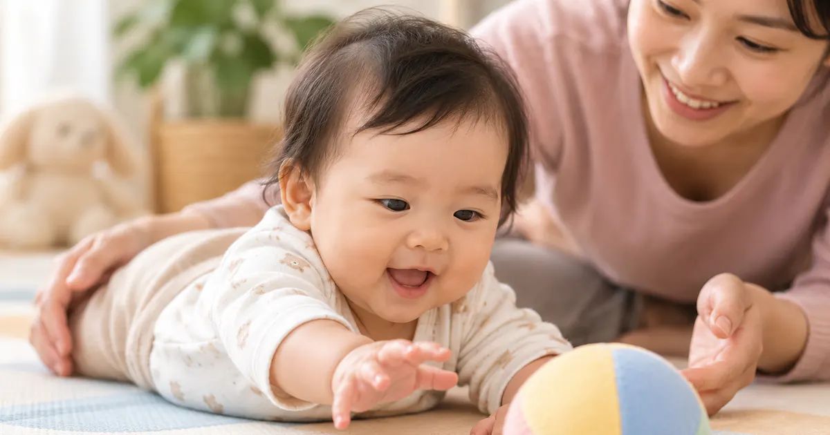 Trẻ nhỏ nằm sấp vận động an toàn dưới sự giám sát của cha mẹ
