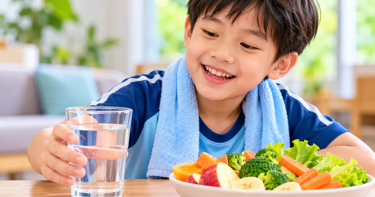 Trẻ bổ sung nước và thực phẩm giàu chất xơ sau khi vận động