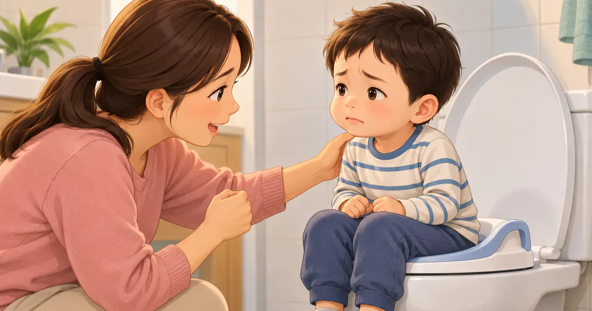 Trẻ đặt chân vững trên ghế kê và được cha mẹ động viên khi đi vệ sinh