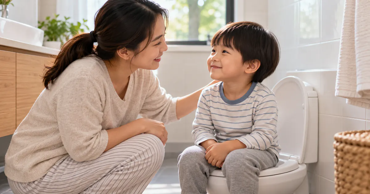Mẹ nhẹ nhàng hỗ trợ trẻ tập đi vệ sinh khi mới đi nhà trẻ
