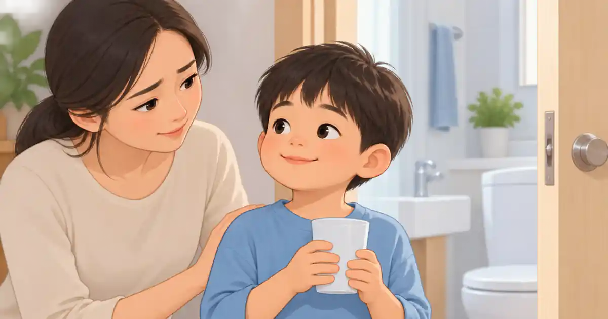 Trẻ tỉnh táo cầm cốc nước để cha mẹ theo dõi dấu hiệu đủ dịch và đi tiểu