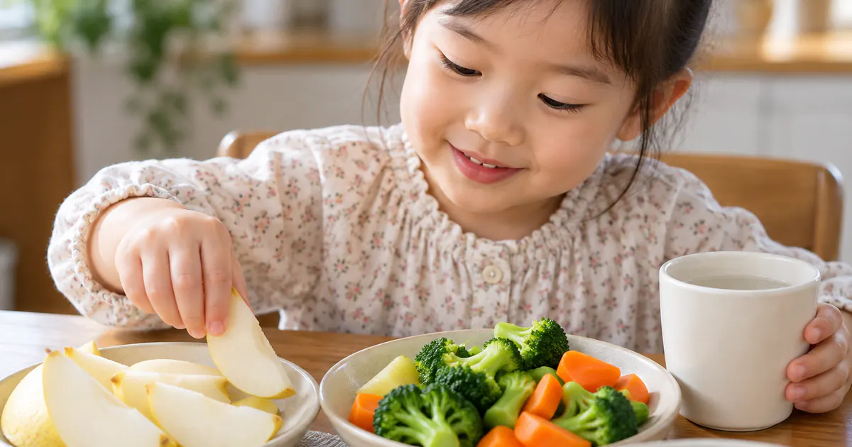 Trẻ dùng trái cây, rau nấu mềm và nước để bổ sung chất xơ cùng dịch