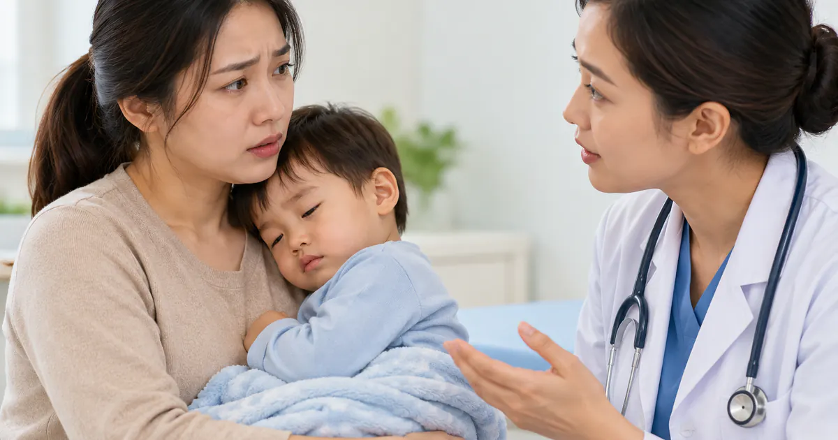 Cha mẹ đưa trẻ lừ đừ do tiêu chảy đến nhân viên y tế