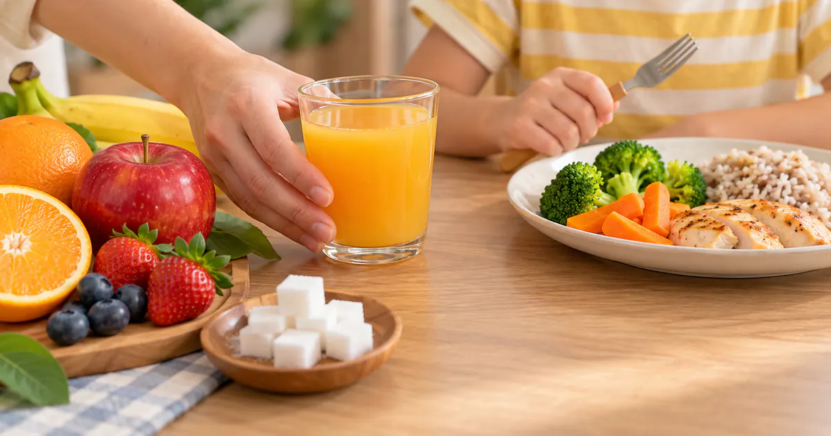 Minh họa kiểm soát lượng đường khi cho trẻ uống nước trái cây