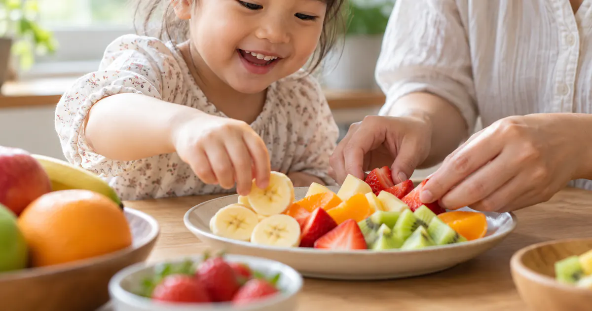 Cha mẹ giúp trẻ làm quen với các miếng trái cây mềm nhiều màu sắc