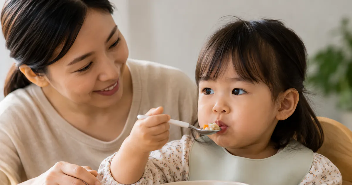 Trẻ ngồi đúng tư thế và ăn chậm để hạn chế nuốt không khí